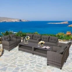 Tangkula 8PCS Rattan Patio Conversation Set Cushioned Outdoor Furniture Set