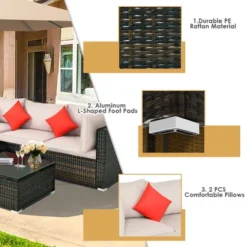 Tangkula 5PCS Rattan Sectional Sofa Set Patio Furniture Set W/ Beige Cushion Pillow -Tangkula GUEST fef2b8a4 7a68 4c7a 8921 0180a9578965