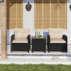 Tangkula 3 Piece Patio Furniture Set Rattan Conversation Set W/Soft Seat & Back Cushions Tempered Glass Topped Coffee Table Beige