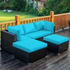 Tangkula 5-Piece Outdoor Patio Sectional Rattan Wicker Conversation Sofa Set With Turquoise/Yellowish Cushions -Tangkula GUEST ff659bbd cfbd 46d8 ba38 c17431490469