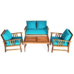 Tangkula 8pcs Wooden Patio Furniture Set Table & Sectional Sofa W/ Turquoise Cushion -Tangkula GUEST ffe7dd5a 0f3b 4215 850b 4c745b2a6591