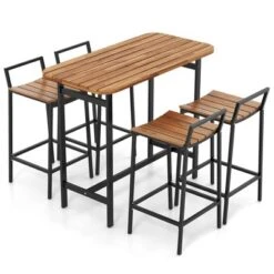 Tangkula Acacia Wood Patio Table & Chair Set 5 Pcs Outdoor Dining Set W/ 1 Table & 4 Bar Height Chairs